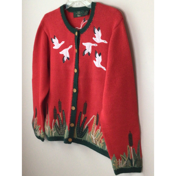 Orvis Vintage Red Flying Geese Sweater W/Green Trim, Cat Tails Cardigan Size XL - Picture 3 of 8
